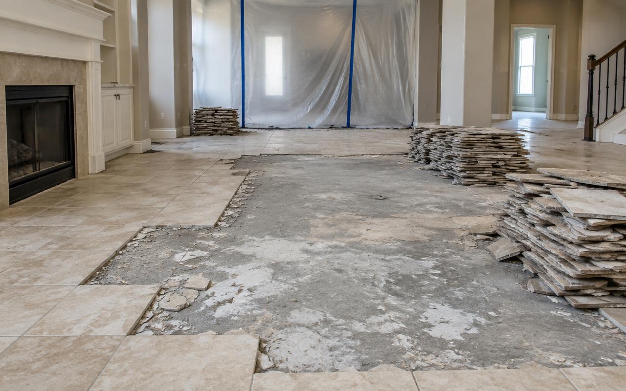 Interior demolition Stuart FL — Tile flooring removed down to the slab during a Stuart, FL interior demolition