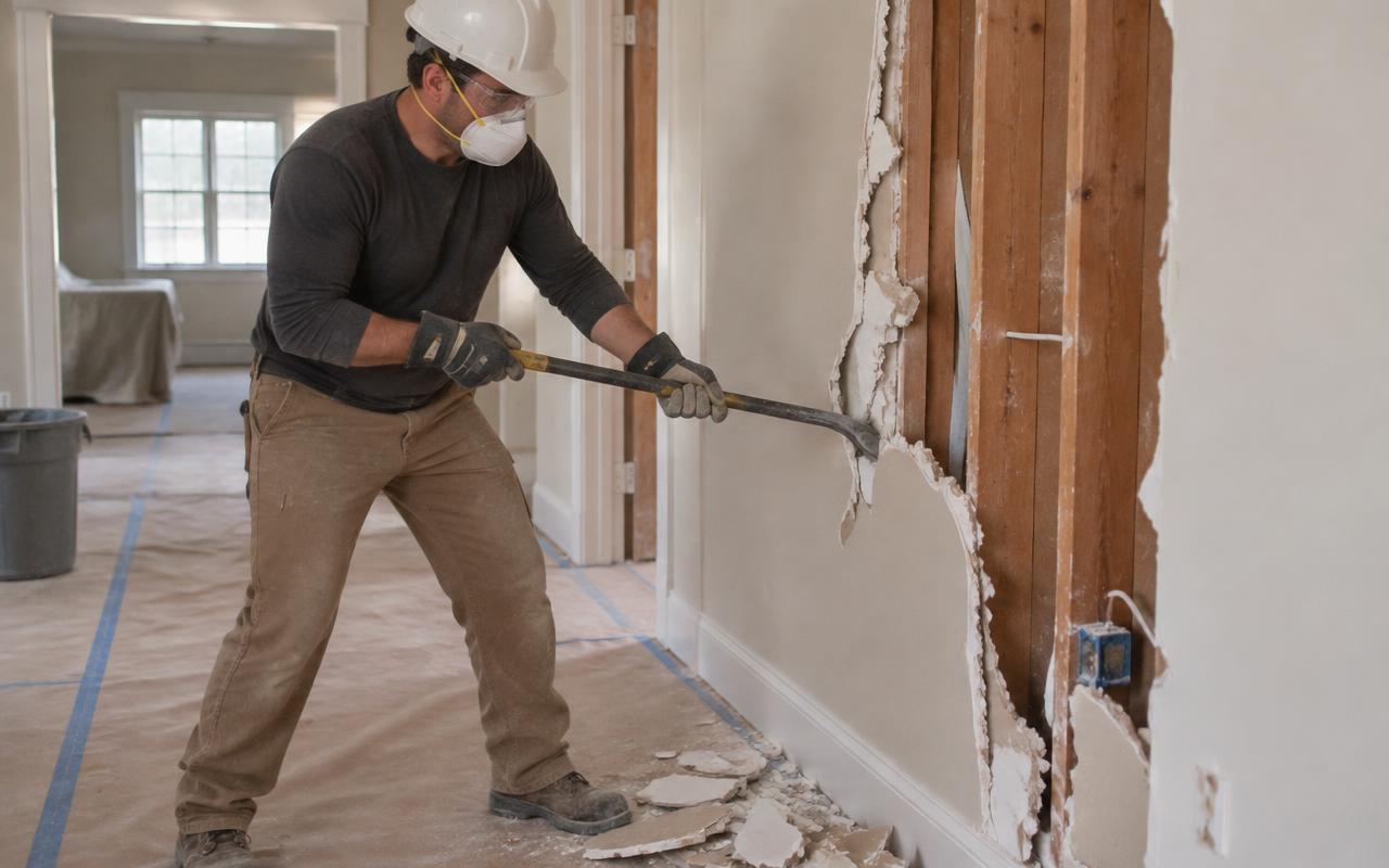Interior demolition Stuart FL — Junk Force crew member in protective gear removing drywall in Stuart, FL
